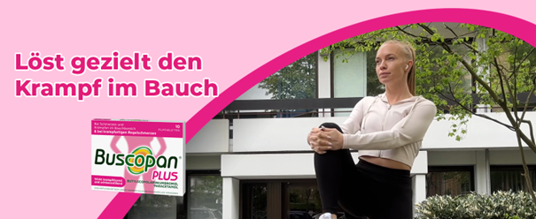 Werbung für Buscopan PLUS. Text: Löst gezielt den Krampf im Bauch. Packung im Bild.