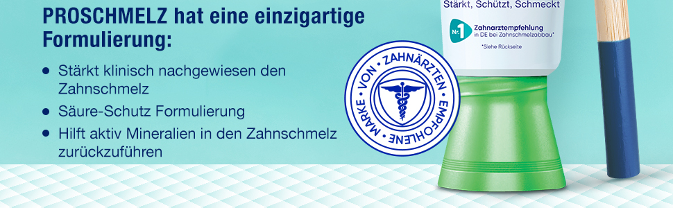 Text und Logo. Zahnärzte empfohlen. Formel für Zahnschmelz. Sensodyne ProSchmelz.