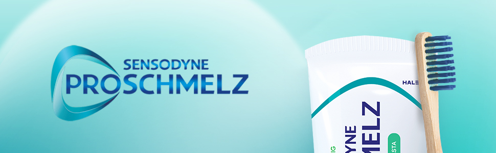 Logo Sensodyne ProSchmelz und Zahnbürste. Hintergrund: Türkis.
