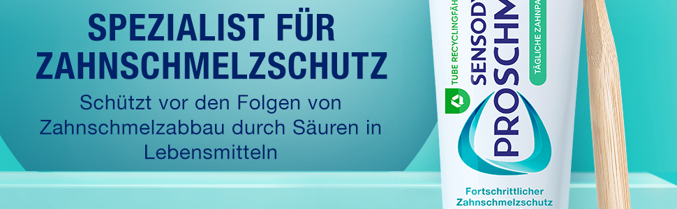 Zahnpasta-Tube und Zahnbürste. Text: Spezialist für Zahnschmelzschutz.