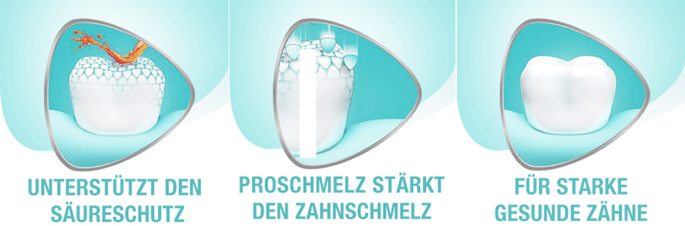 Drei Grafiken. Text: Unterstützt den Säureschutz, ProSchmelz stärkt den Zahnschmelz, für starke gesunde Zähne.
