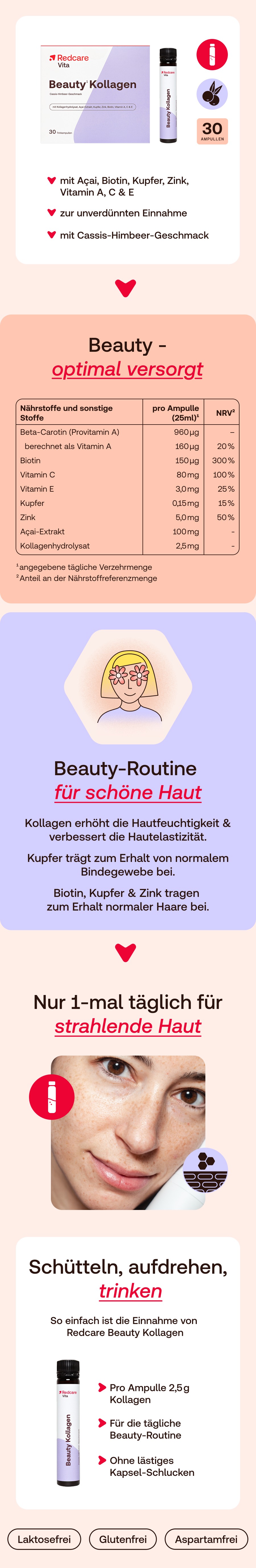 Schachtel und Trinkampulle. Aufdruck: Redcare Beauty Kollagen. 30 Ampullen.