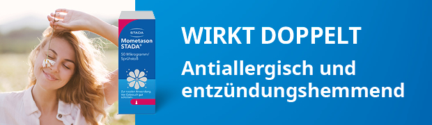 Frau mit Blume im Haar und Schachtel. Text: Wirkt doppelt. Antiallergisch und entzündungshemmend.