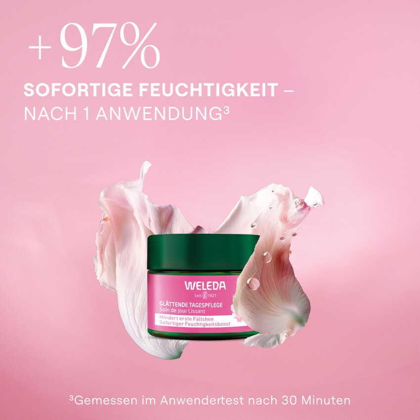 Produkt mit Blütenblättern. Text: +97% Sofortige Feuchtigkeit - nach 1 Anwendung.