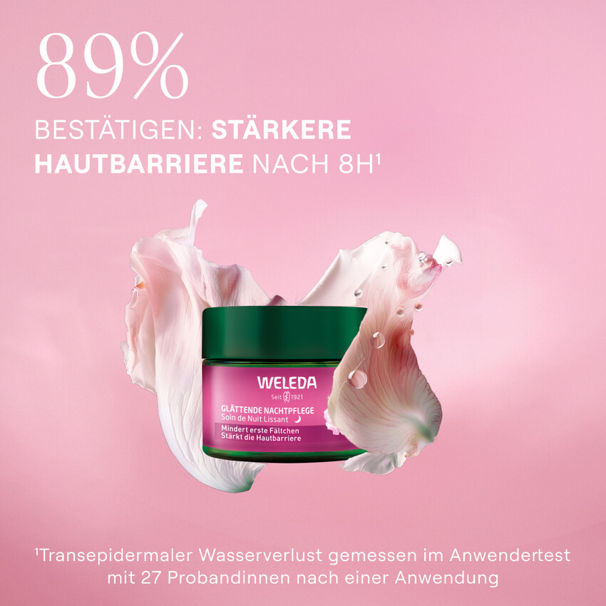 Creme-Tiegel mit Blütenblättern. Text: 89% bestätigen: stärkere Hautbarriere nach 8h. Rosa Hintergrund.