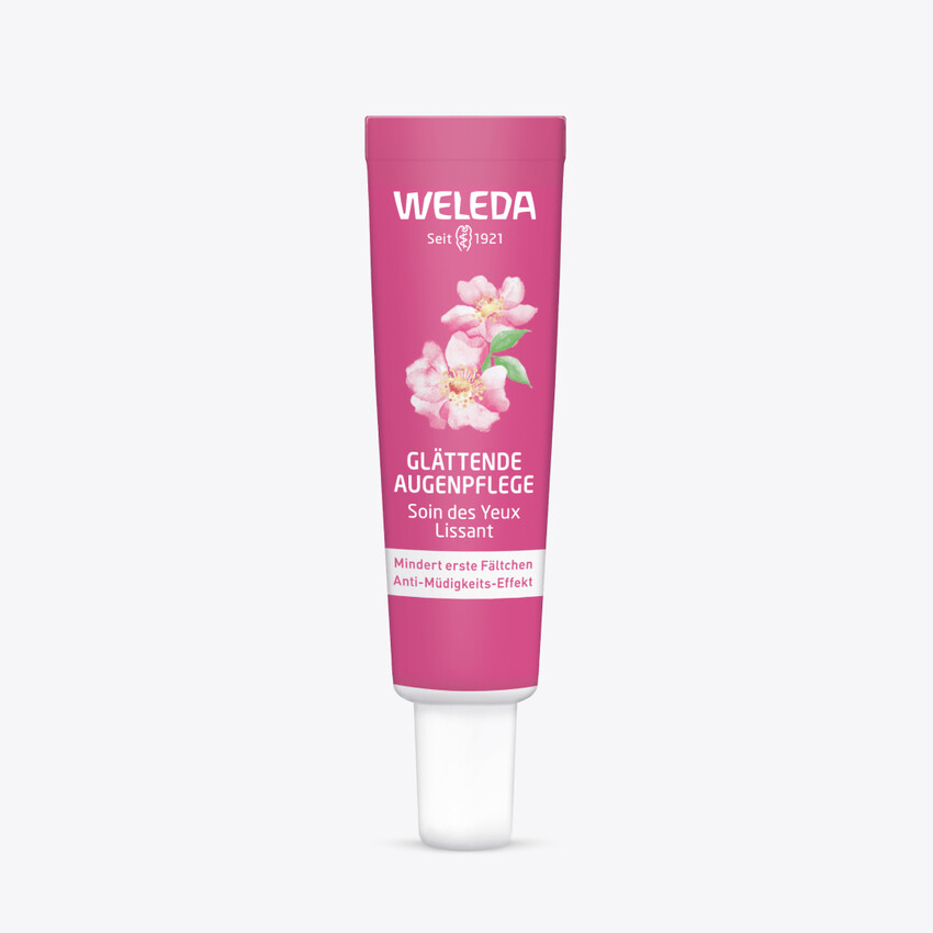 Rosa Hintergrund mit weißen Tropfen. Text: 91% bestätigen: sichtbar glattere Haut.