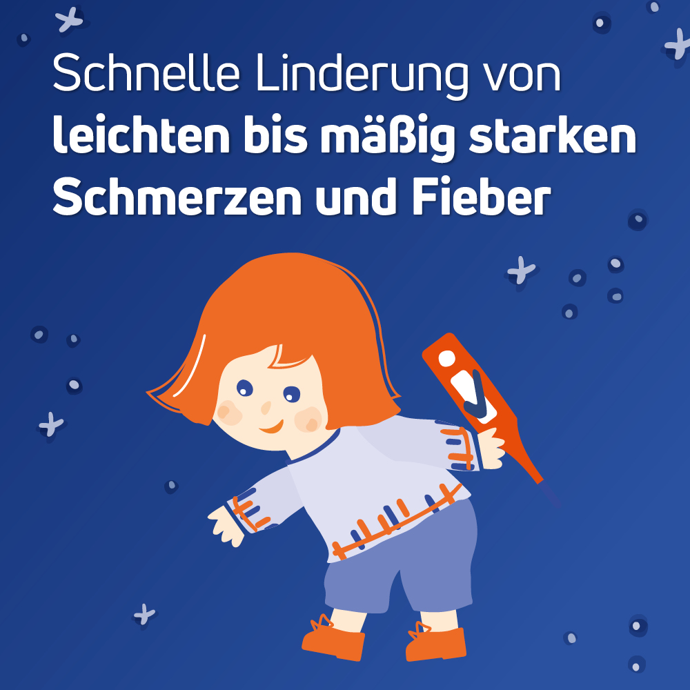 Illustration eines Kindes mit Fieberthermometer. Text: Schnelle Linderung von leichten bis mäßig starken Schmerzen und Fieber.