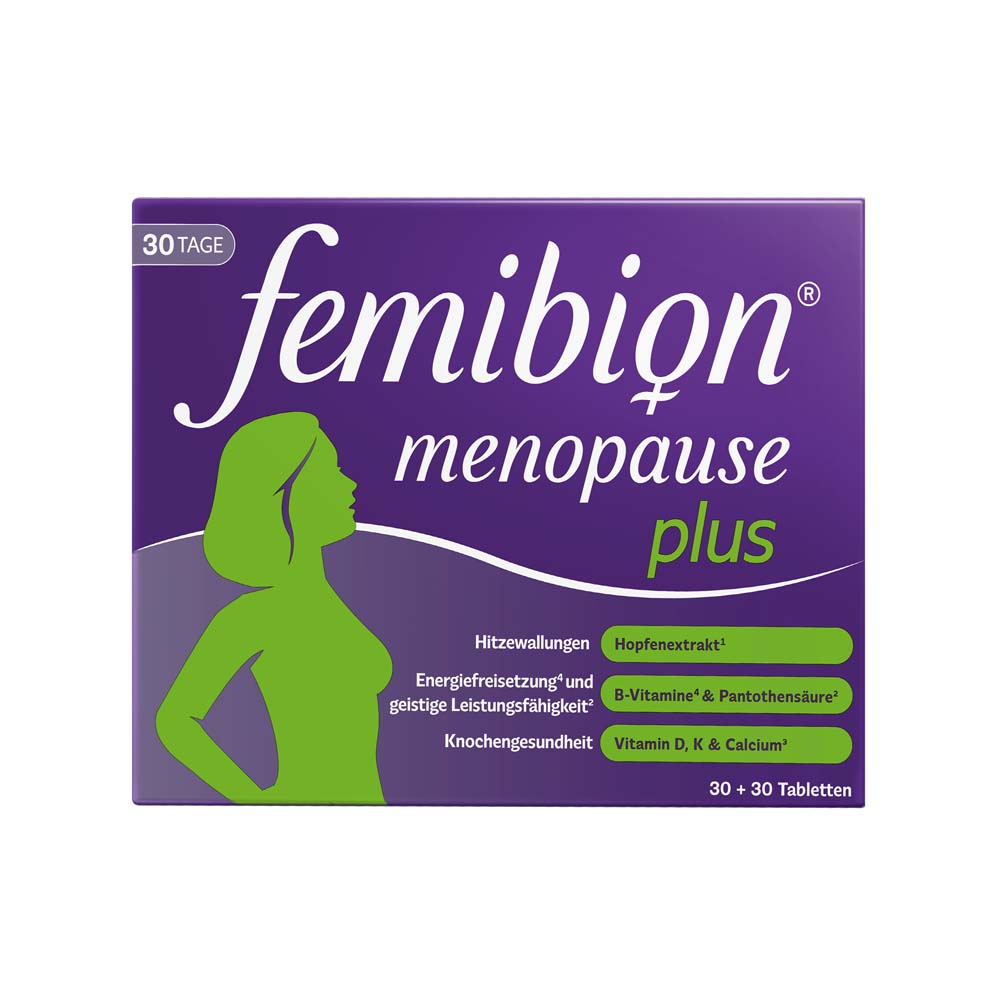 Femibion Menopause Packung. Lila Schachtel mit Produktname, Frauensilhouette und Inhaltsstoffen.