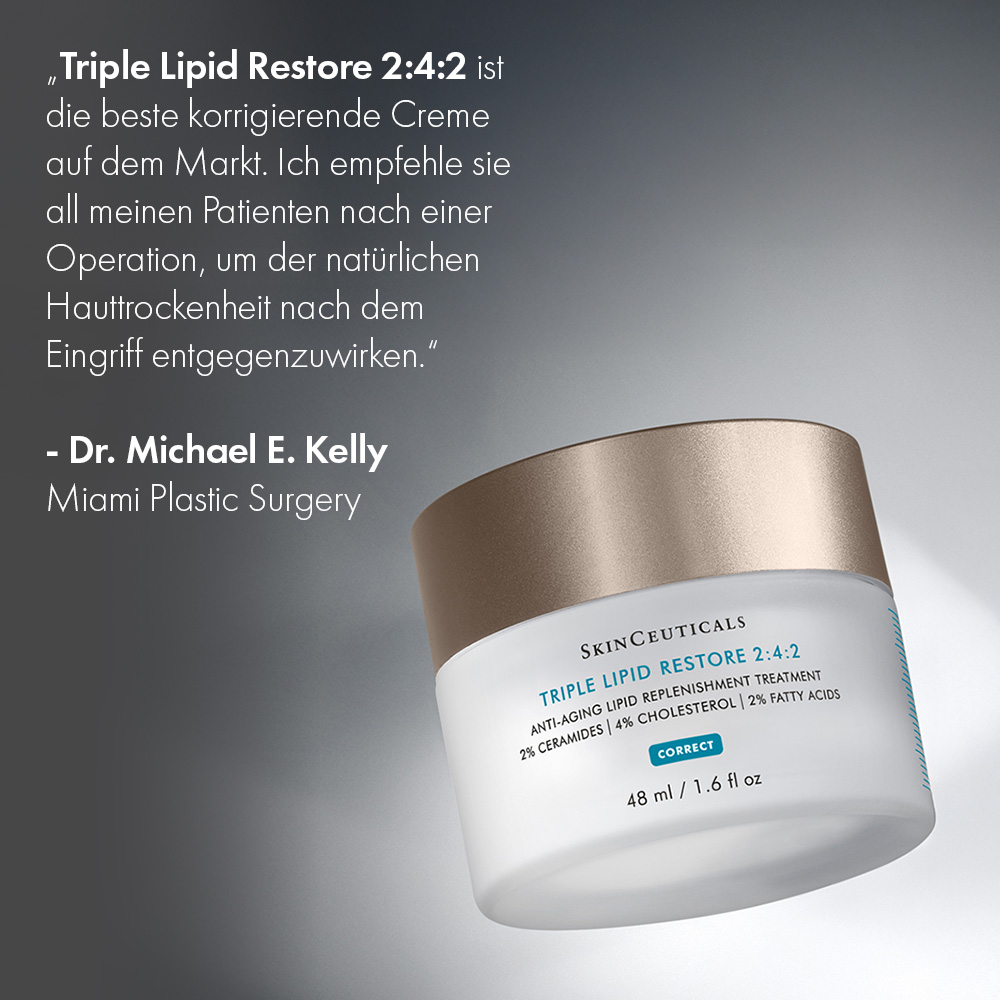 Produktabbildung mit Text. Zitat von Dr. Michael E. Kelly. SkinCeuticals TRIPLE LIPID RESTORE 2:4:2.