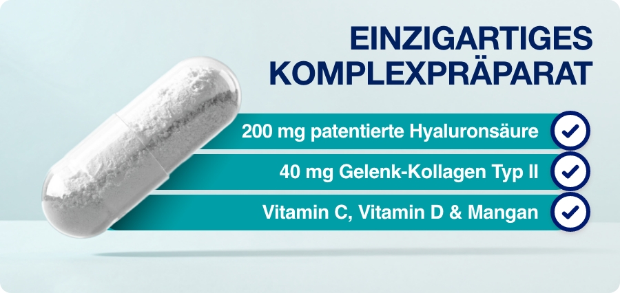 Kapsel mit Inhaltsangaben: 200 mg Hyaluronsäure, 40 mg Kollagen. Vitamin C, D, Mangan. Einzigartige Kombination.