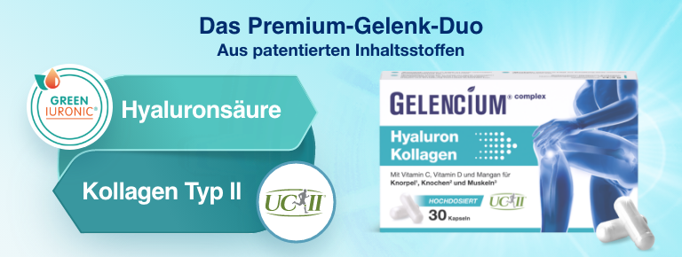GELENCIUM® Hyaluron und Kollagen. Produktverpackung und Kapseln. Mit Hyaluronsäure und Kollagen. Mit Green Iuronic und UC-II.