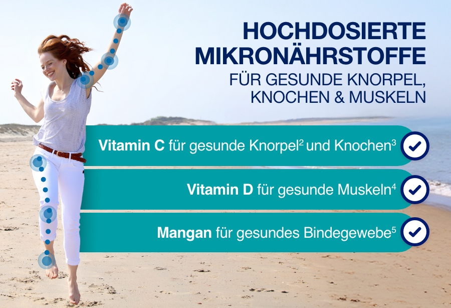 Frau rennt am Strand. Text: Für gesunde Knorpel, Knochen & Muskeln. Vitamin C, D, Mangan für Bindegewebe.