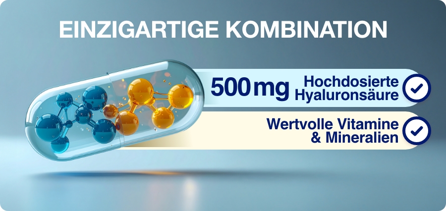 Abbildung einer Kapsel mit 500 mg Hyaluronsäure und Vitaminen. Text: Einzigartige Kombination.