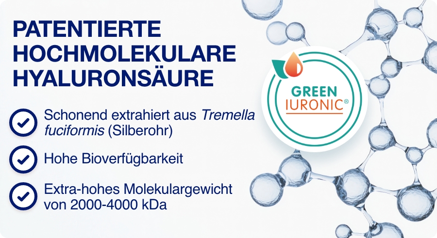 Abbildung einer Kapsel mit 500 mg Hyaluronsäure. Text: Patentierte hochmolekulare Hyaluronsäure.