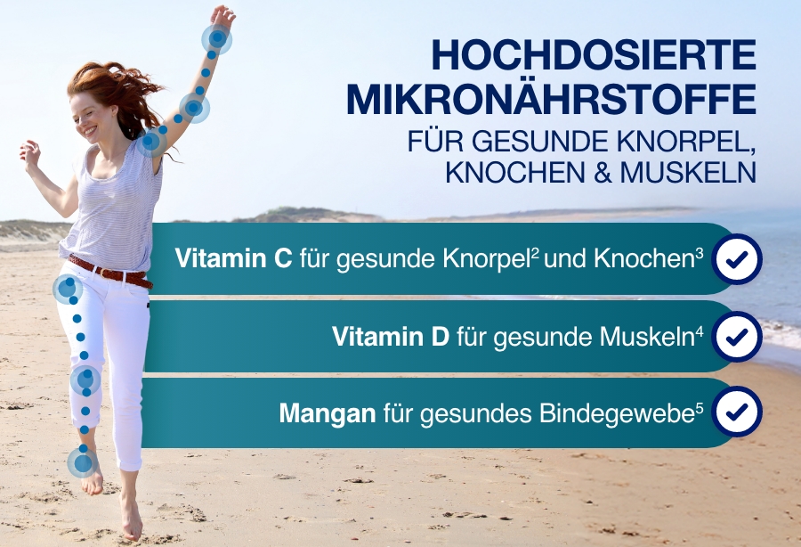 Frau am Strand. Text: Für gesunde Knorpel, Knochen & Muskeln. Vitamin C, D und Mangan.