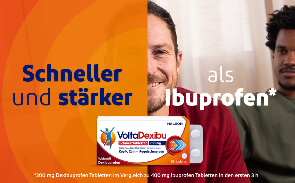 Mann und Frau lächeln. Text: Schneller und stärker als Ibuprofen. Packung VoltaDexibu Schmerztabletten.