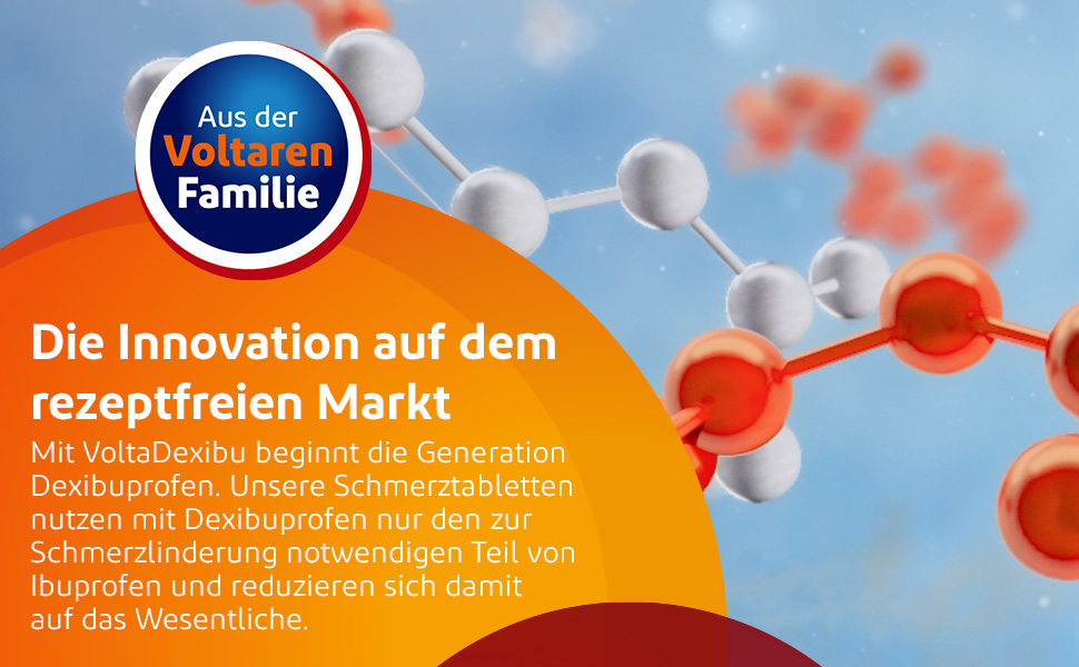 Molekülstruktur. Text: Die Innovation auf dem rezeptfreien Markt. VoltaDexibu. Dexibuprofen.