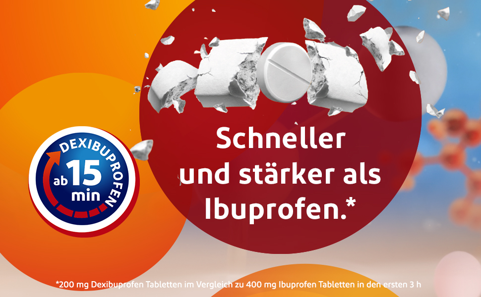 VoltaDexibu Schmerztabletten 200 mg, Tablette zerbricht. Text: Schneller und stärker als Ibuprofen.