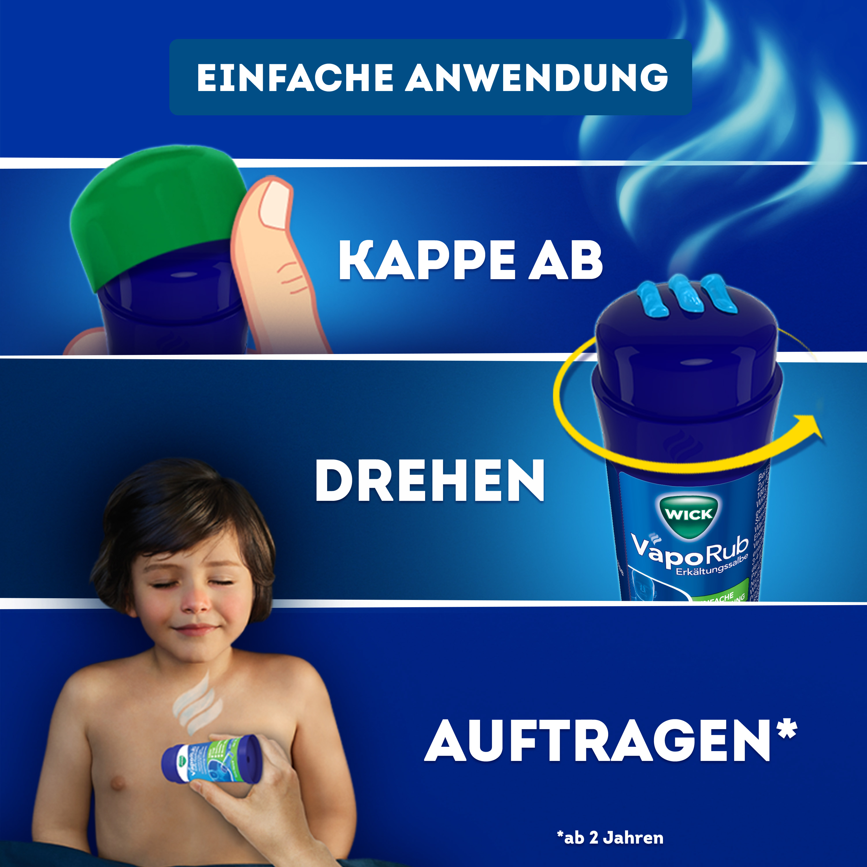 WICK VapoRub Erkältungssalbe. Text: Setzt Dämpfe für bis zu 8 Std. frei. Produkt im Hintergrund.