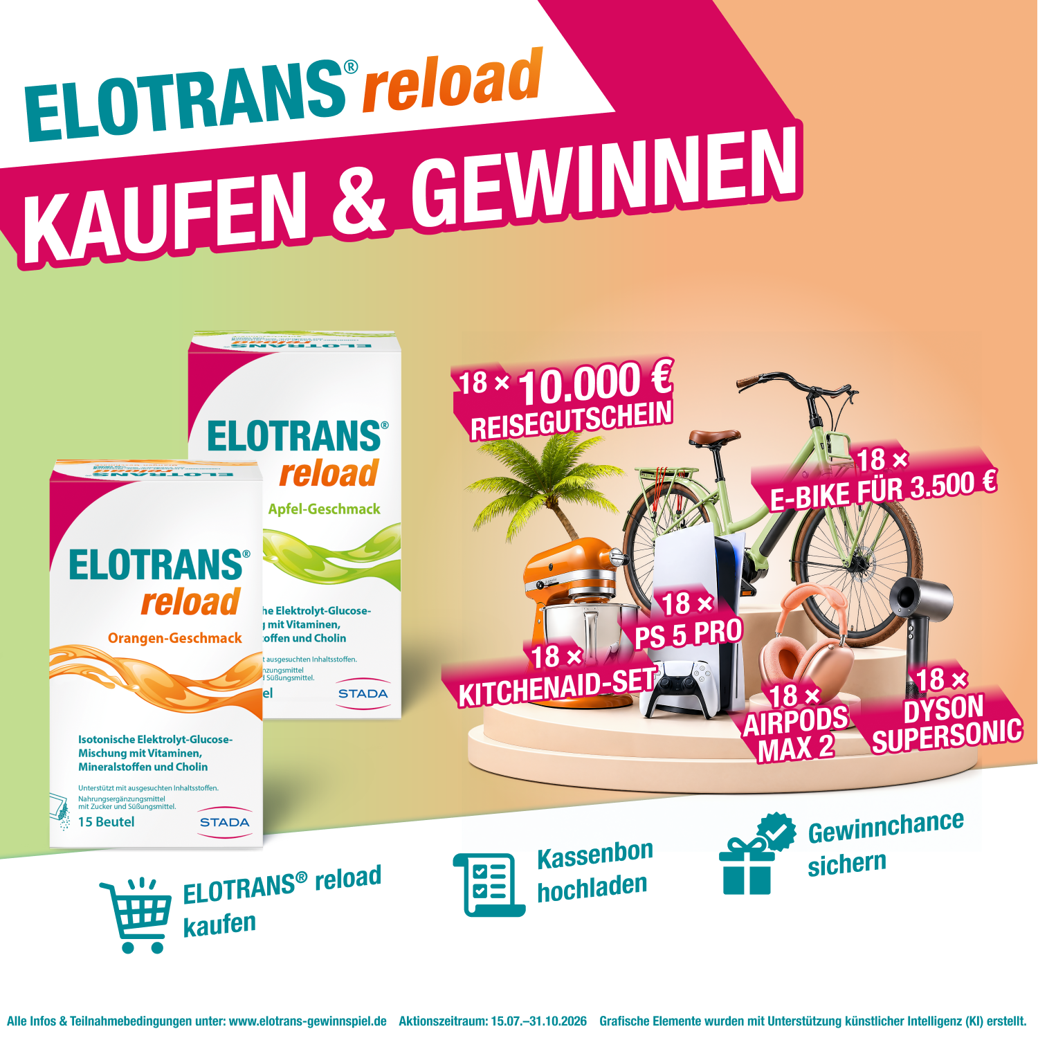Elotrans® reload Packung mit Gewinnspiel-Aktion: Kaufen & Gewinnen. Preise: Reisegutschein, E-Bike, PS5, KitchenAid, AirPods, Dyson.