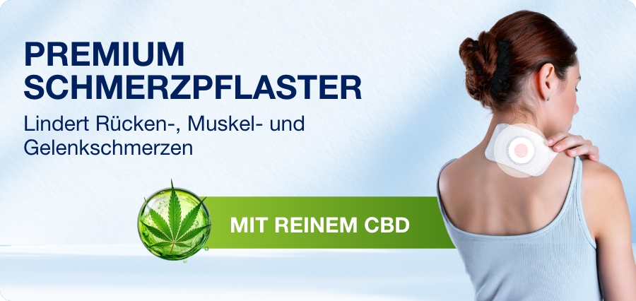 Werbebild für GELENCIUM® Schmerzpflaster mit CBD. Frau mit Pflaster auf dem Nacken. Cannabis-Blatt.