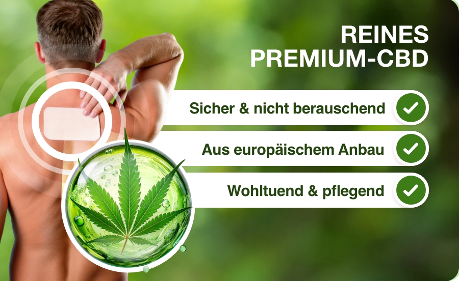 Werbebild für GELENCIUM® Schmerzpflaster mit CBD. Ein Mann mit Pflaster auf dem Rücken. Cannabis-Blatt.