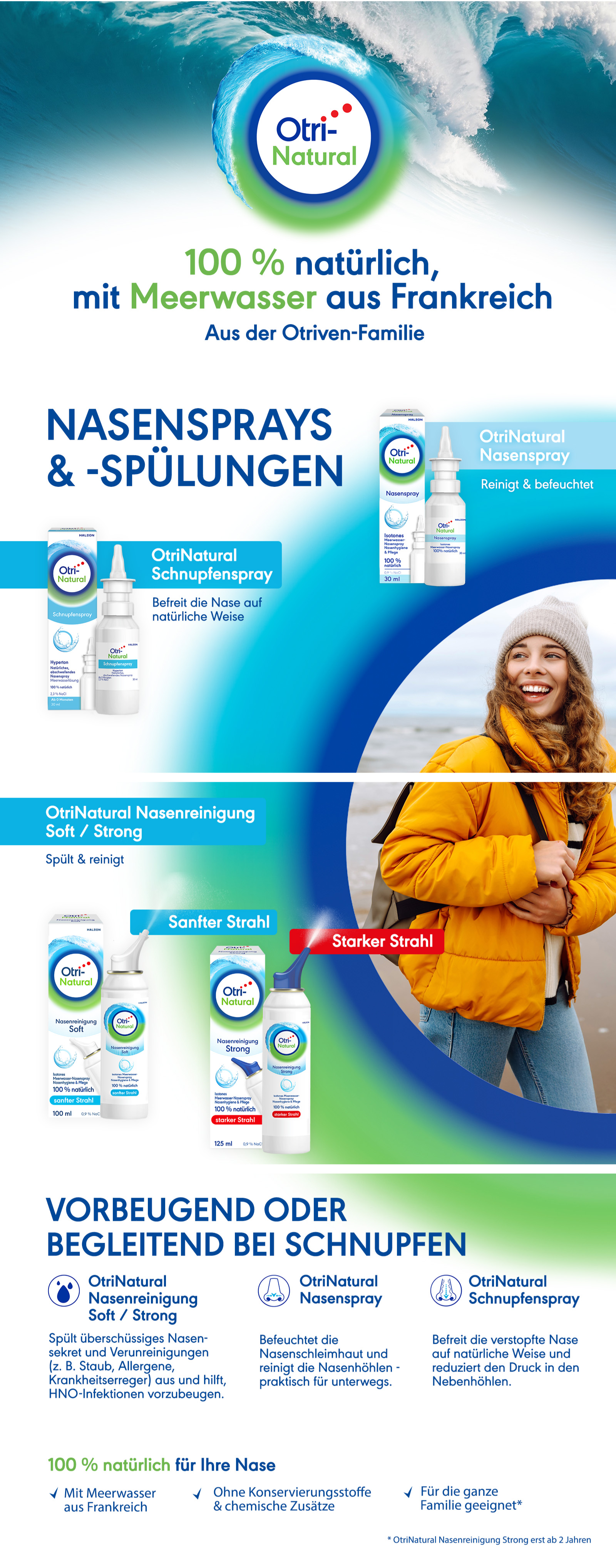 OtriNatural Nasensprays und -spülungen. Produktabbildungen. 100% natürlich. Für die Nase.