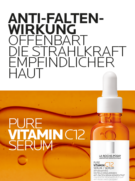La Roche-Posay Pure Vitamin C12 Serum. Flasche mit Pipette. Text mit Prozentangaben zu Faltenreduzierung, Ausstrahlung und Hautbild.