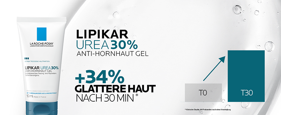 La Roche-Posay Lipikar Urea 30% Gel Tube und Diagramm zur Hautverbesserung.