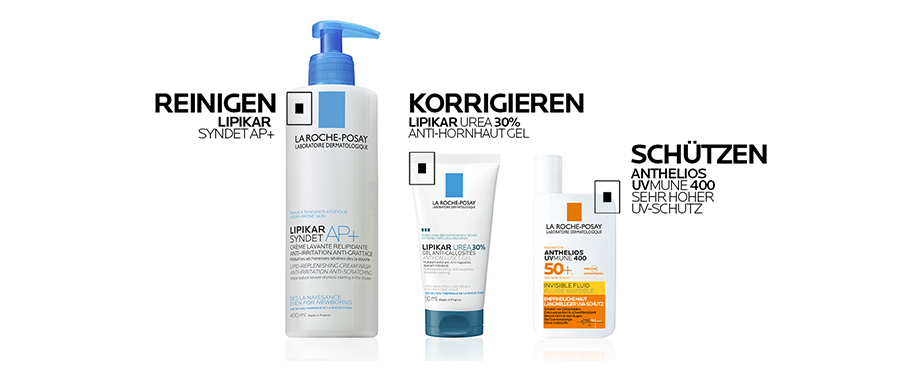 La Roche-Posay Lipikar Syndet AP+, Lipikar Urea 30% Gel und Sonnenschutz.