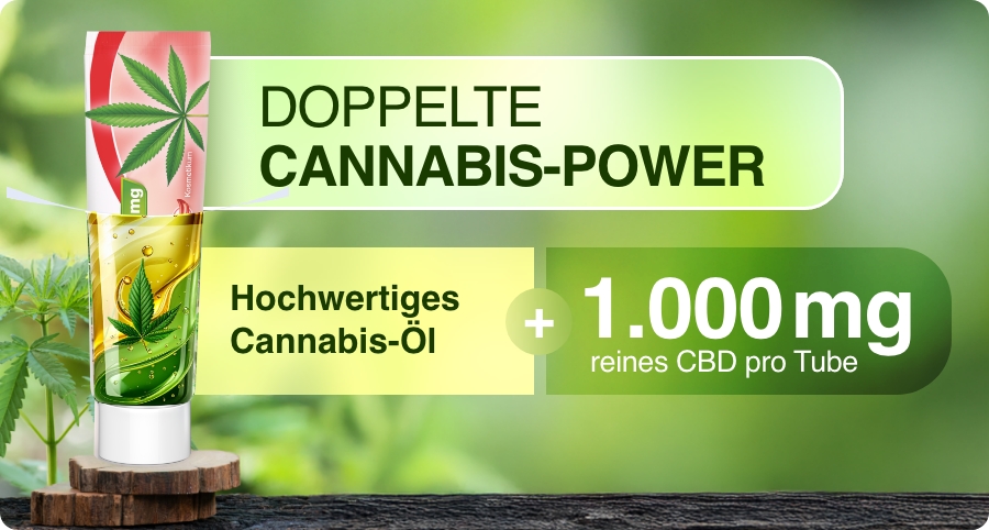 Doppelte Cannabis-Power: Hochwertiges Cannabis-Öl + 1.000 mg reines CBD pro Tube. Produkt-Tube.