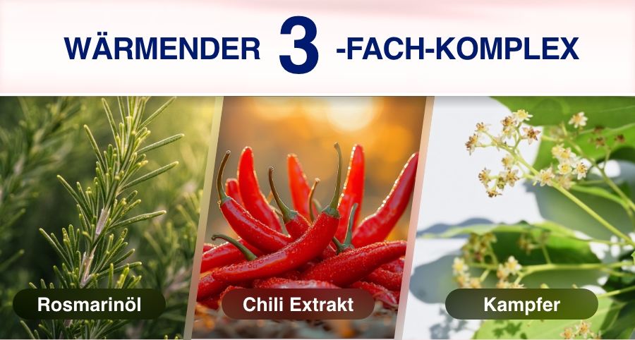 Wärmender 3-fach-Komplex: Rosmarinöl, Chili-Extrakt, Kampfer. Nahaufnahmen.