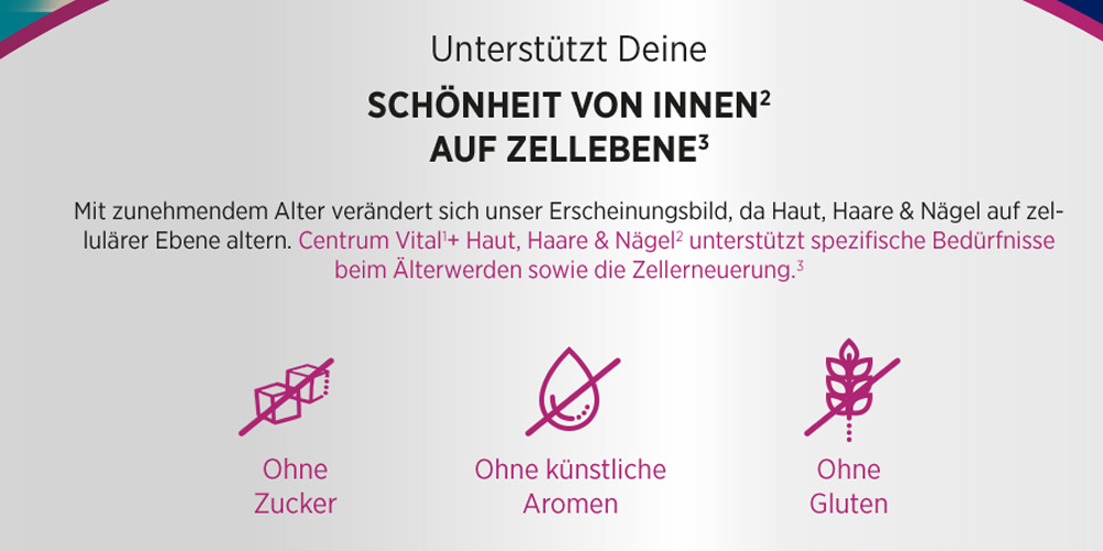 Text: Unterstützt Deine Schönheit von Innen auf Zellebene. Ohne Zucker, künstliche Aromen und Gluten.