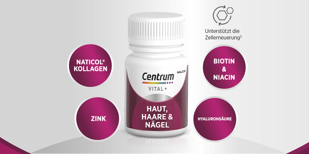 Flasche Centrum Vital+ mit Inhaltsstoffen: Naticol Kollagen, Zink, Biotin & Niacin, Hyaluronsäure.