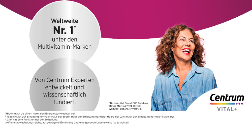 Frau lächelt. Text: Weltweite Nr. 1 unter den Multivitamin-Marken. Logo: Centrum Vital+.