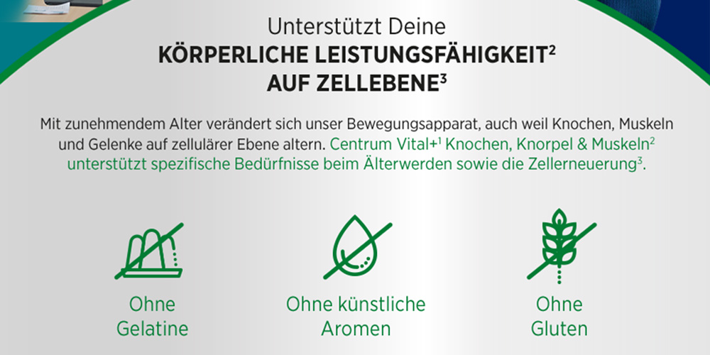 Weiße Flasche Centrum Vital+ mit grünen Kreisen. Inhaltsstoffe: Vitamin C, D, Glucosamin, Chondroitin, Magnesium.