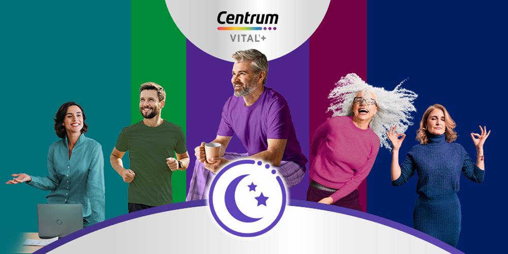 Menschen in verschiedenen Situationen. Mond-Symbol. Text: Centrum Vital+.