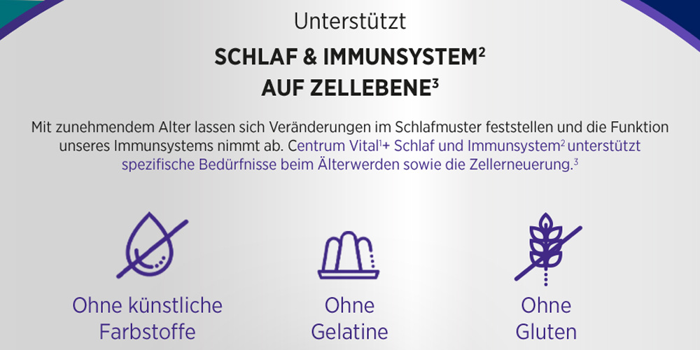 Text: Unterstützt Schlaf & Immunsystem auf Zellebene. Ohne künstliche Farbstoffe, Gelatine, Gluten.
