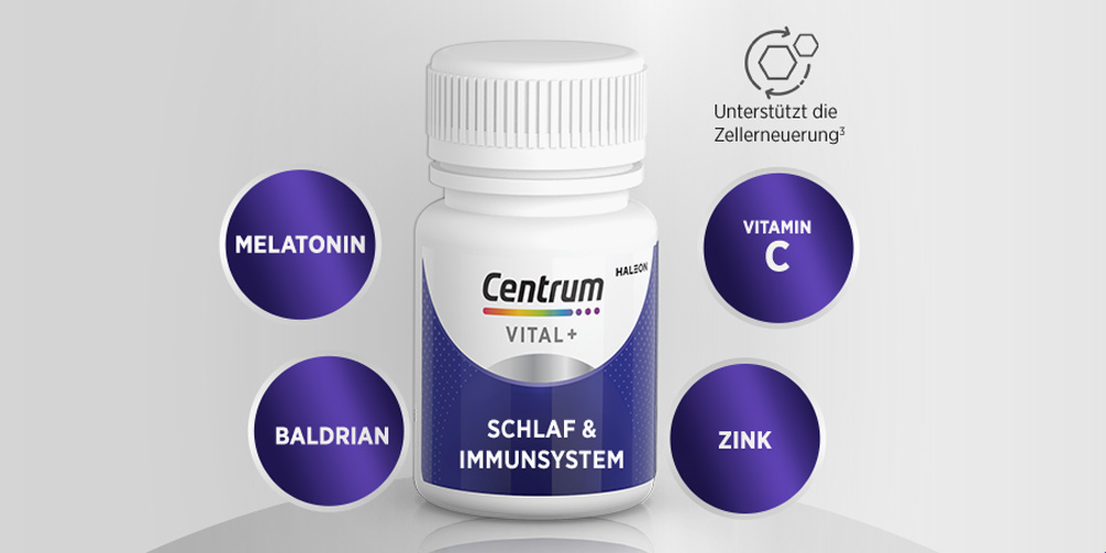 Weiße Flasche. Text: Melatonin, Baldrian, Vitamin C, Zink. Centrum Vital+ Schlaf & Immunsystem.
