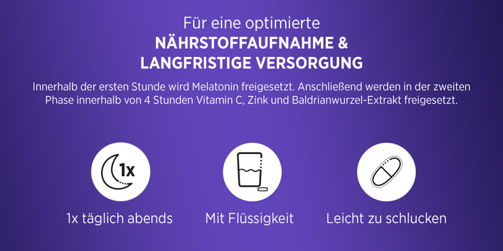 Text: Für eine optimierte Nährstoffaufnahme & langfristige Versorgung. 1x abends. Mit Flüssigkeit.