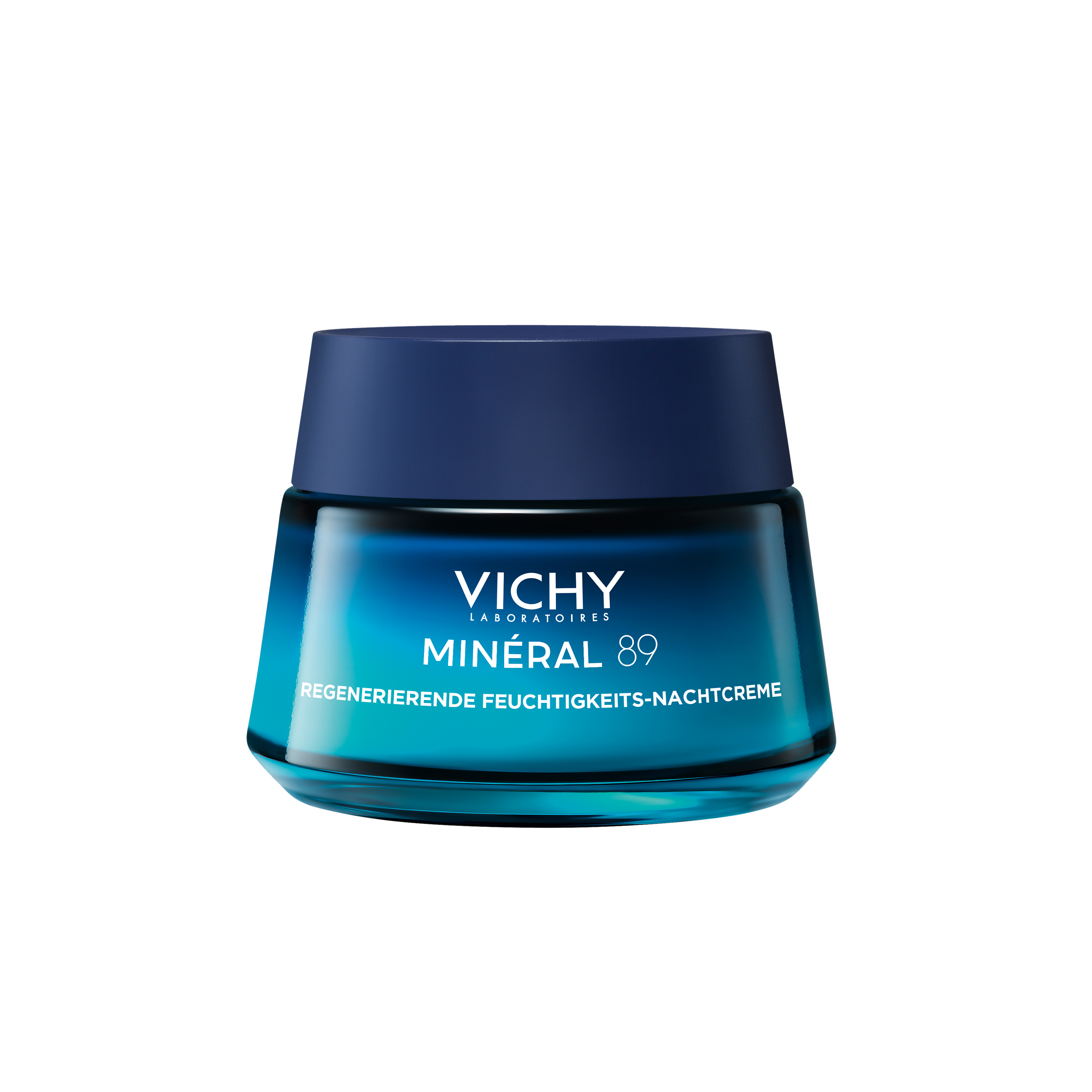 Blaues Glastiegel mit blauem Deckel. Vichy Minéral 89 Nachtcreme. Regenerierende Feuchtigkeit-Nachtcreme.