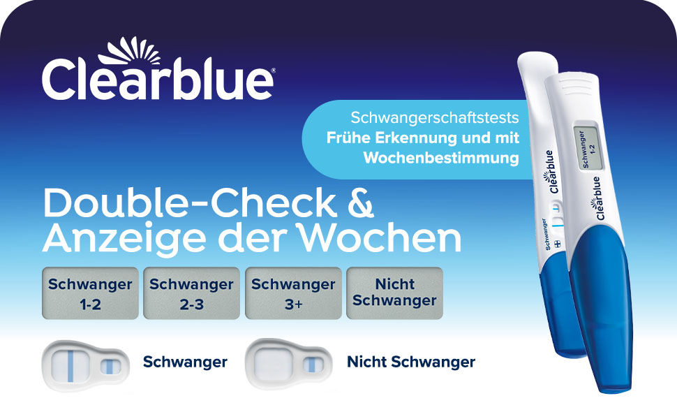 Babyfüße in Händen. Clearblue Ovulationstest Digital und Testgerät mit Smiley-Anzeige.