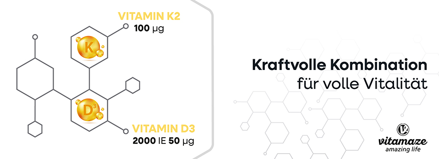 Frau trinkt Wasser. Vitamaze Vitamin D3 K2 Flasche. Sonnenenergie in jeder Tablette.