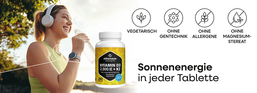 Vitamaze Vitamin D3 K2 Flasche. Produktion nach HACCP-Standard. Ohne Allergene.
