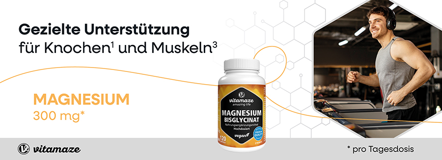 Mann trainiert auf Laufband. Flasche mit Magnesium Bisglycinat Kapseln. Magnesium 300 mg. Marke: Vitamaze.