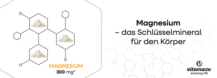 Grafik: Magnesium - das Schlüsselmineral für den Körper. Magnesium 300 mg. Marke: Vitamaze.