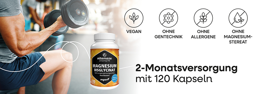 Mann trainiert mit Hanteln. Flasche mit Magnesium Bisglycinat Kapseln. Vegan, ohne Gentechnik, ohne Allergene.