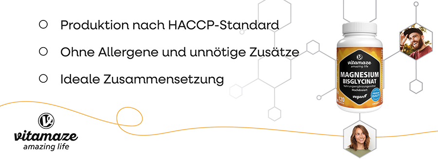 Flasche mit Magnesium Bisglycinat Kapseln. Produktion nach HACCP-Standard. Ohne Allergene. Marke: Vitamaze.