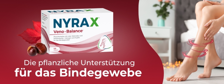 Produktverpackung und Beine einer Frau. Text: Unterstützung für das Bindegewebe.