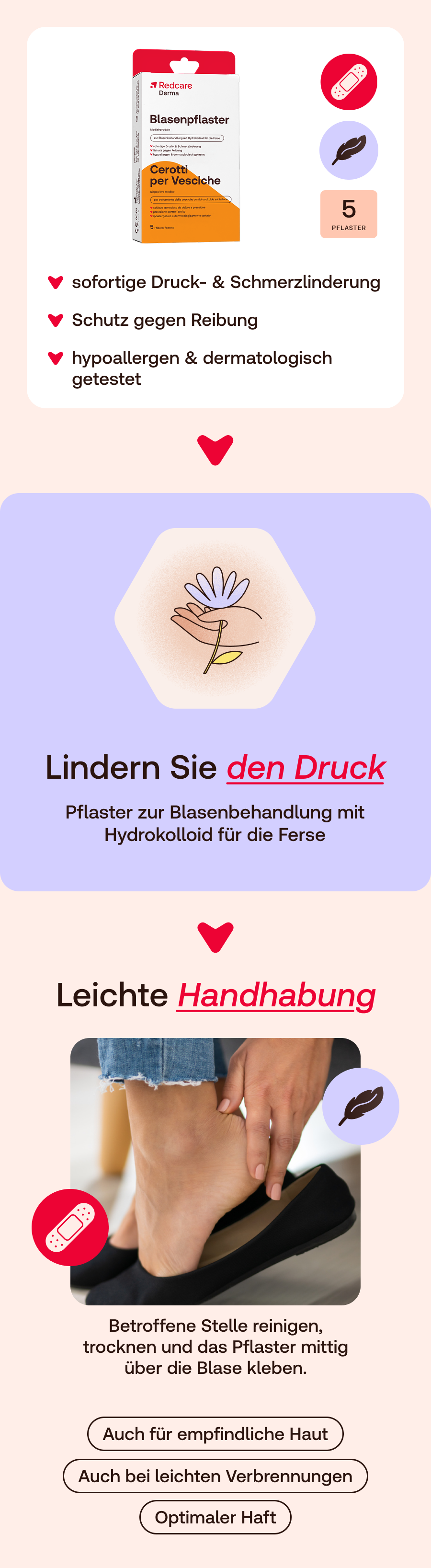 Verpackung von Redcare Derma Blasenpflaster. Weiß-orangefarbene Schachtel mit Produktnamen und Inhaltsangaben.